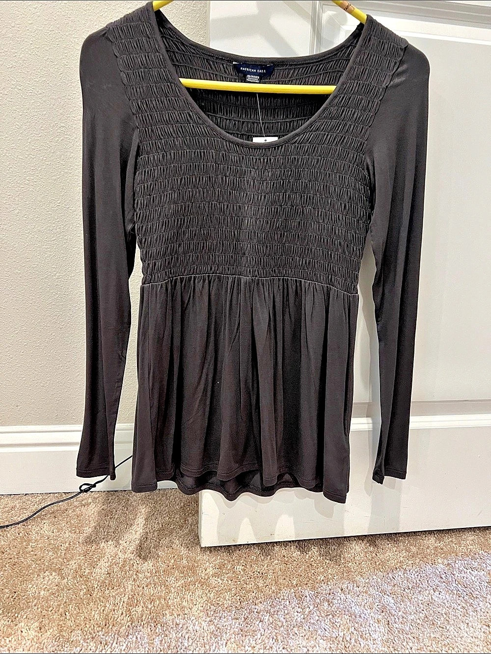 American Eagle AE Long-Sleeve Smocked Blouse Long Sleeve Smocked Tunic in dark g